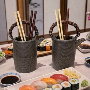 Japanese Metalwork Vine Handle Vase Chopstick Holder Vintage Set of 2